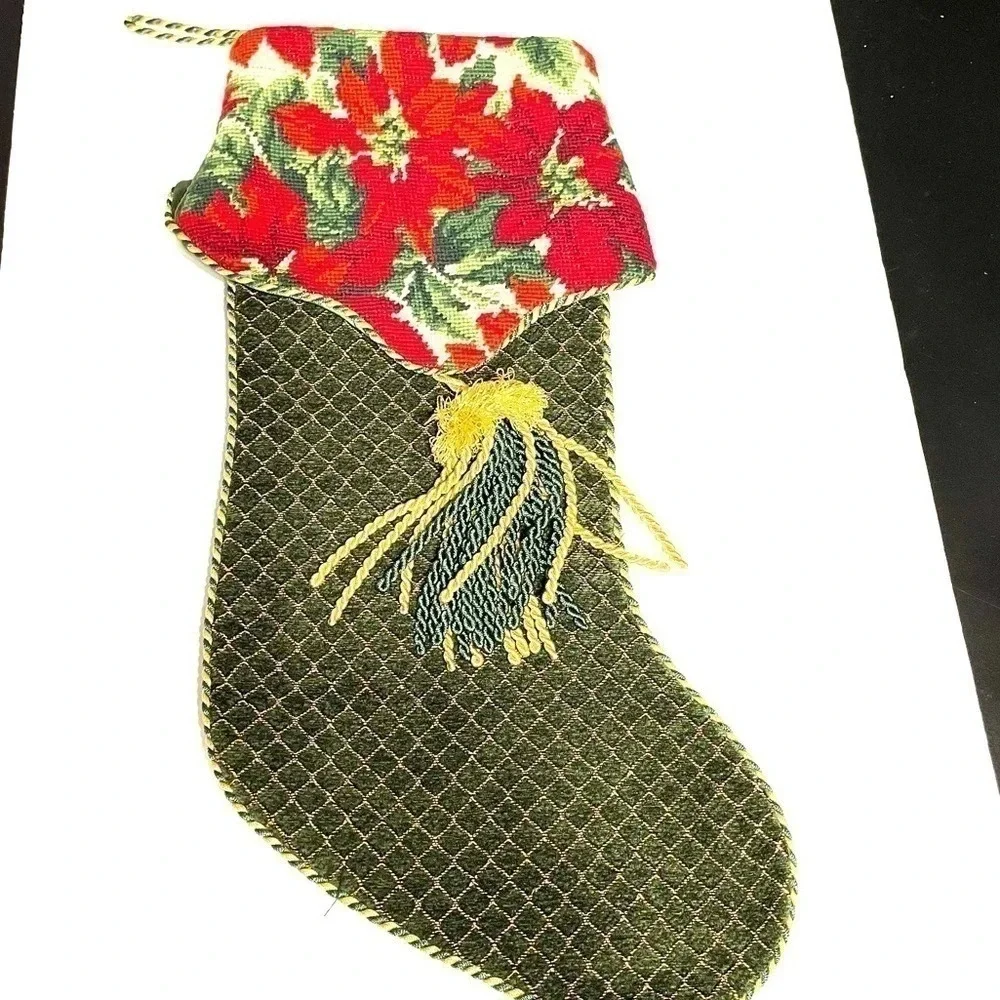 Christmas Poinsettia Stocking Cotton Wool Blend Green Rope Tassel